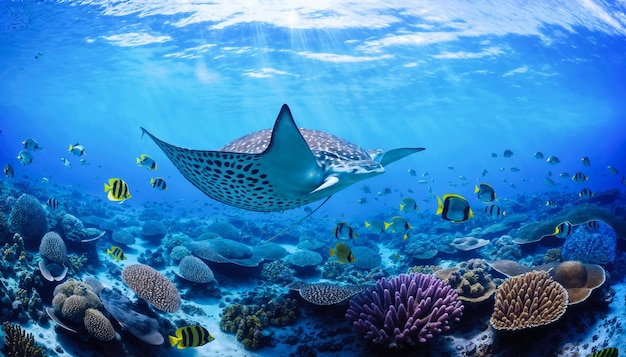 Underwater scene with a stingray and various species of fish swimming over a vibrant coral reef