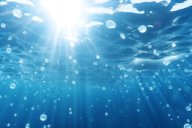 Photo underwater scene with sun rays and bubbles underwater background