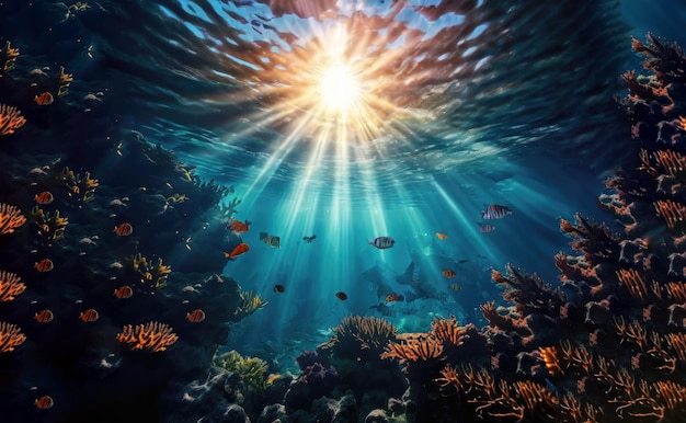 underwater scene with sun rays and sun fishes