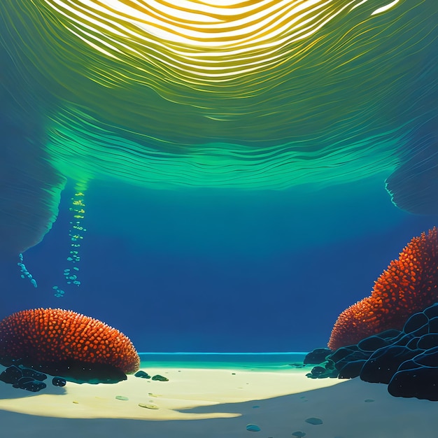 An underwater scene with the sun shining on the water and the bottom of the ocean