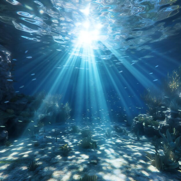 Underwater scene with sunbeams and coral reef