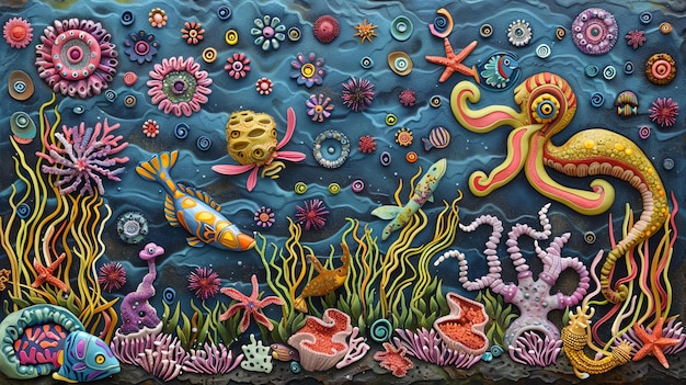 Photo underwater scene with a variety of sea creatures