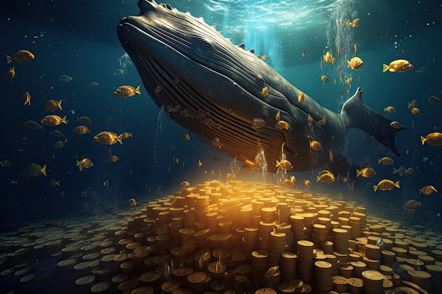 クジラと金貨の水中シーン 3 d イラストレーション水中の AI が生成した海でビットコインの金貨を何千枚も食べる大きなクジラ