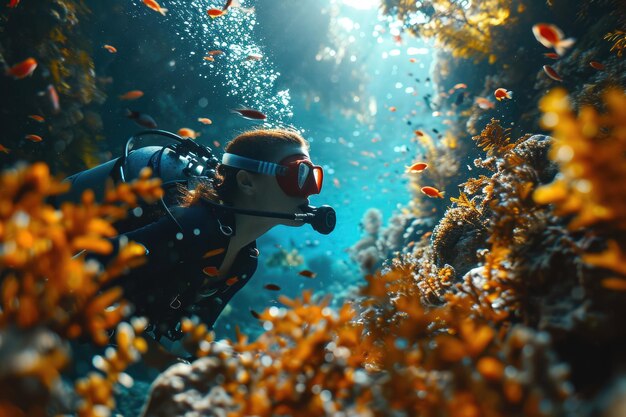 Underwater scuba diver explores the vibrant marine life in the deep blue sea with a mask surrounded