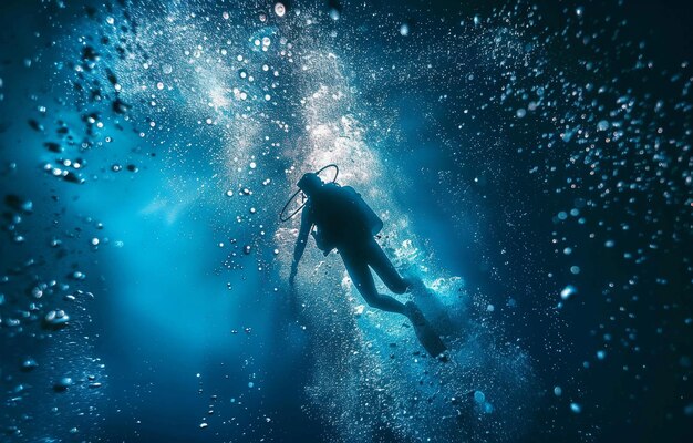写真 深い青い海で水中スキューバダイバー 3d レンダリング