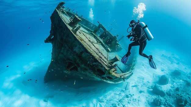 Foto sotto l'acqua un subacqueo che indossa una tuta subacquea e pinne esplora un naufragio