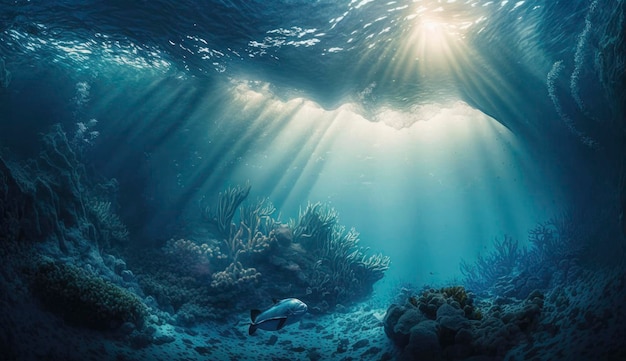 Underwater sea in blue sunlight Generate Ai