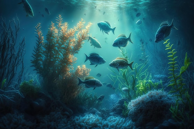 Underwater sea landscape with fishes corals marine plants and animals Generative Ai art