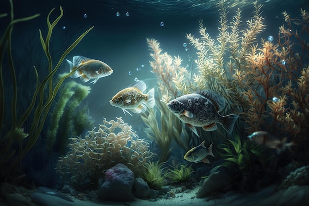 물고기, 산호, 해양 식물이 있는 수중 바다 풍경. 제너레이티브 Ai 아트. 수생 동물