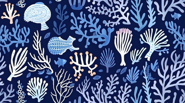 underwater sea life with corals on a deep blue background