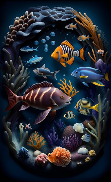 サンゴや魚が生息する水中の海洋生物