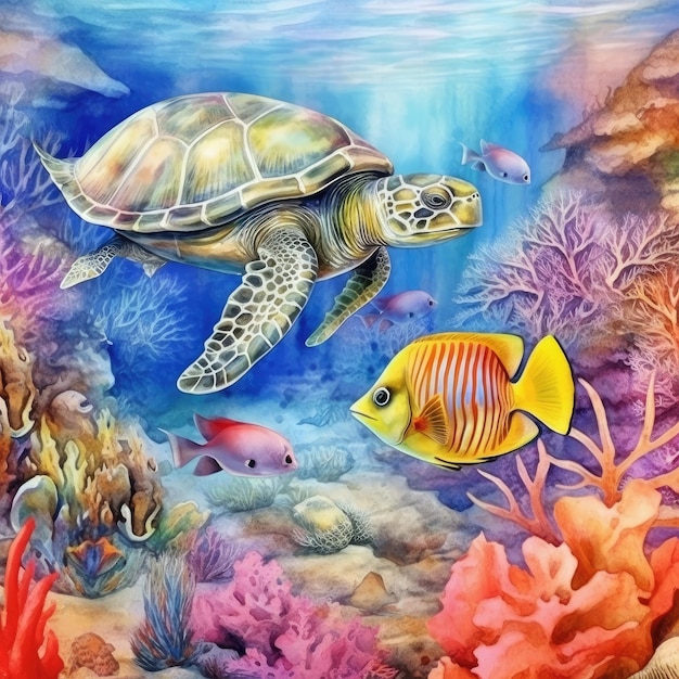 The underwater sea world has colorful tropical fish and turtles Watercolor style Generative AI