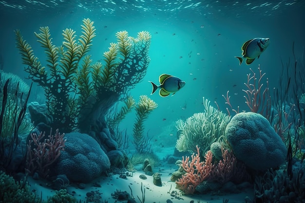 Подводный морской пейзаж с морскими растениями и рыбами с водорослямиГенеративный ИИ