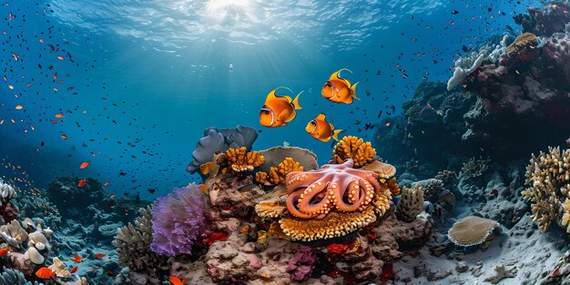 Underwater seascape with vibrant coral reef and fish marine ecosystem ideal for nature backgrounds artificially created AI