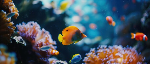 Подводная серенада Увлекательная подводная сцена в аквариуме с коллекцией красочных рифовых рыб, включая ярко-желтую тангу, спокойно плавающую среди ярких коралловых образований