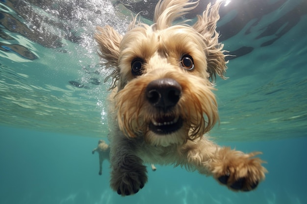 Underwater shot of a dog diving in