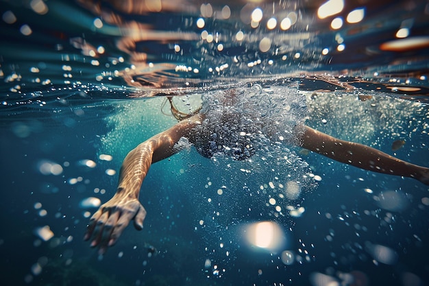 泡が後ろに引っ張られながら泳いでいる人の水中ショット