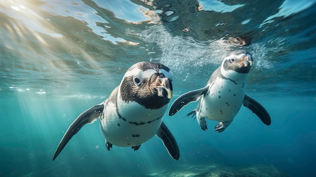 An underwater shot of wild penguins gracefully swimming in the ocean