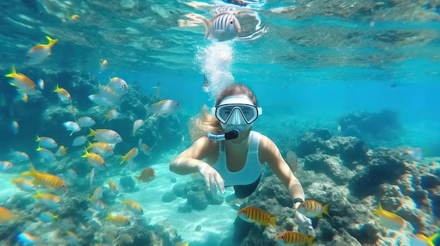 산호초에서 스노클링하는 여성의 수중 촬영 Generative AI