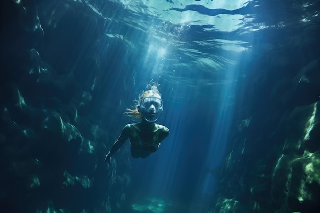 Underwater shot of a woman swimming underwater with mask and snorkel A female apnea athlete swims in the crystal sea wearing a bikini AI Generated
