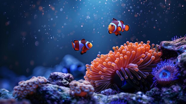 Underwater splendor with clownfish and coral reef a serene marine scene colorful digital art for wallpapers and backgrounds AI