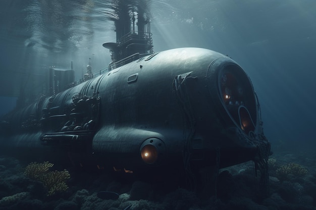 Photo an underwater submarine is shown in a dark blue water.