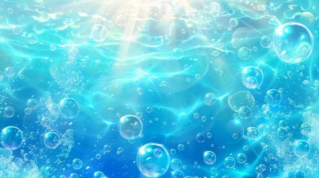 An underwater surface with ripples air bubbles and sun rays falling realistic 3d modern illustration for advertising