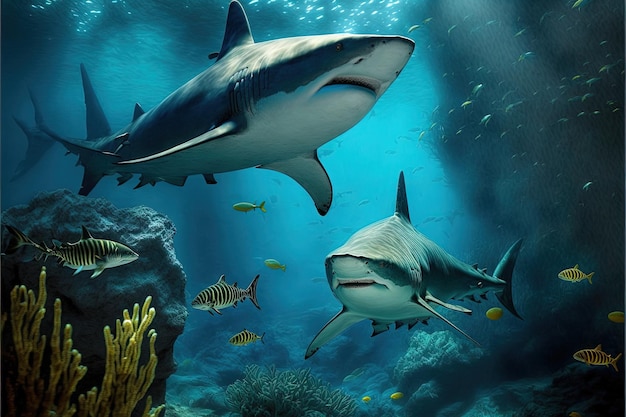 Underwater survive Flock of oceanic sharks on the hunt Dark sea color dominance predators danger underwater coral reef high resolution art generative artificial intelligence