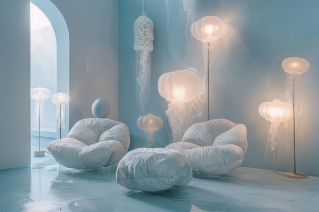 Photo underwater theme bedroom with jellyfish lamps