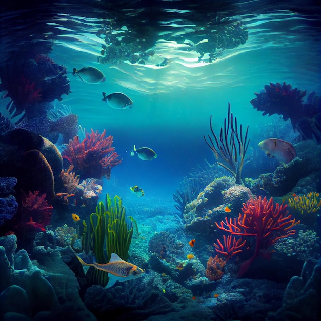 Underwater Tropical Seabed with Reef and Sunshine