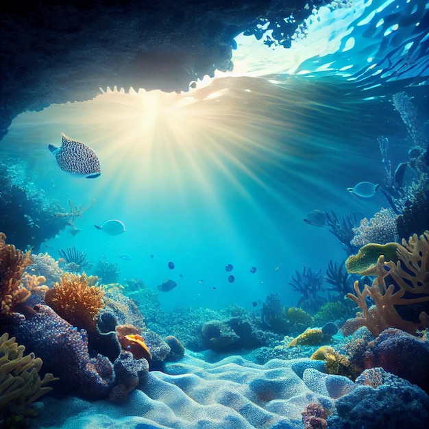 Underwater Tropical Seabed with Reef and Sunshine