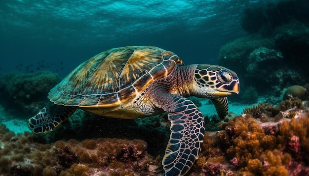 写真 人工知能によって生成されたサンゴ礁と一緒に青い海で泳ぐ水中カメ