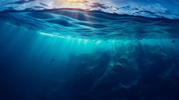 Underwater view of blue sea water with sunbeams and sun rays