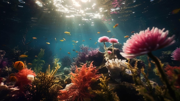 Underwater view of blue sea with coral reefs growing on the seabeU