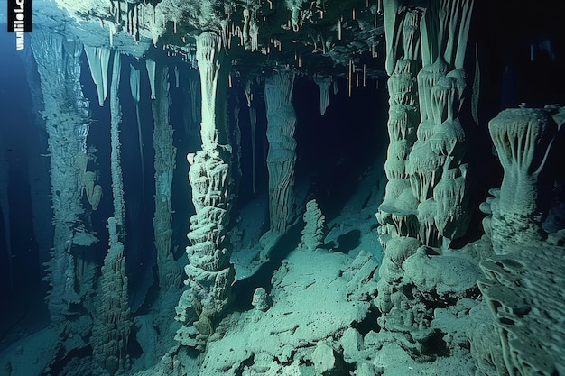 An underwater view of a cave filled with water