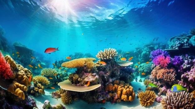 Underwater view of a colorful sea coral reef with fishes Ocean ecosystem Generative AI