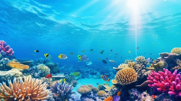 Underwater view of a colorful sea coral reef with fishes Ocean ecosystem Generative AI