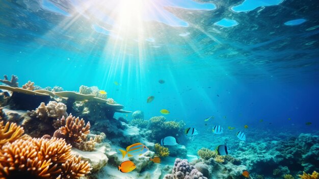 Underwater view of a colorful sea coral reef with fishes Ocean ecosystem Generative AI