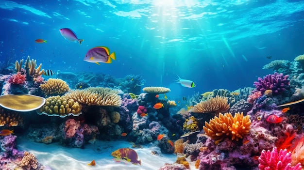 Underwater view of a colorful sea coral reef with fishes Ocean ecosystem Generative AI