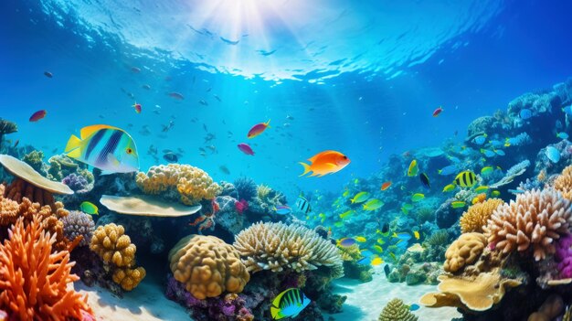 Underwater view of a colorful sea coral reef with fishes Ocean ecosystem Generative AI