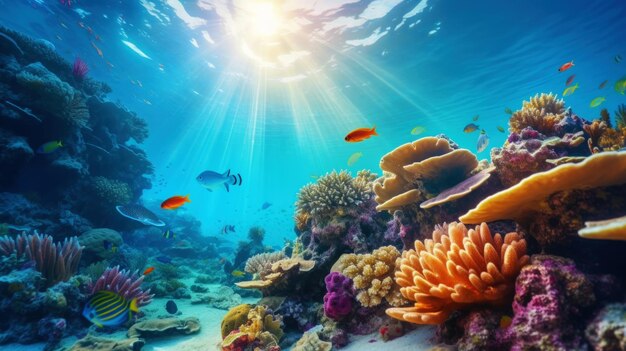 Underwater view of a colorful sea coral reef with fishes Ocean ecosystem Generative AI