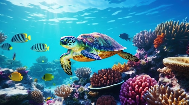 Underwater view of a colorful sea coral reef with fishes and turtle Ocean ecosystem Generative AI