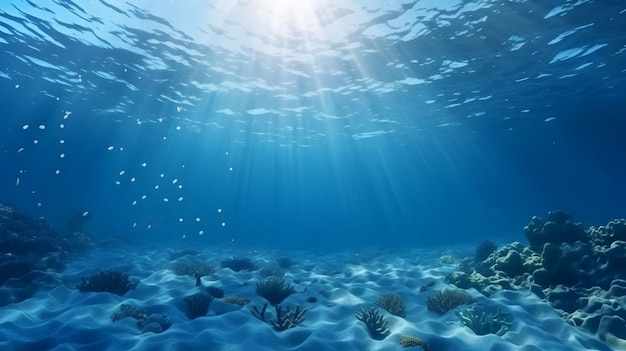 Underwater view of the coral reef and tropical sea with sunlight