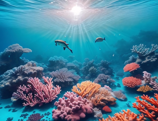 Underwater view of coral reef with fish and sunlight underwater world