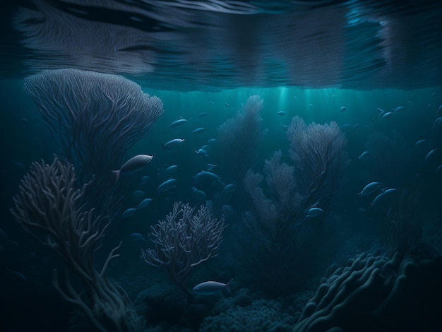 Foto vista subacquea della barriera corallina con pesci e coralli in acqua blu