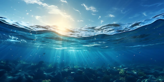 Underwater view of coral reef with fishes and rays of light