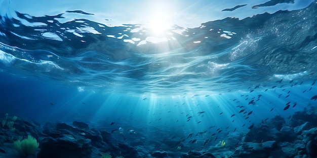 Underwater view of coral reef with fishes and rays of light