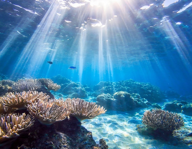 Underwater view of the coral reef with fishes and rays of sunlight