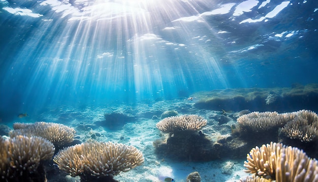 Underwater view of the coral reef with fishes and rays of sunlight