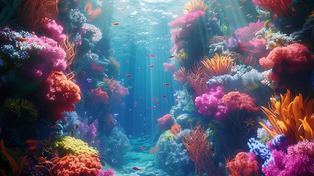 Underwater view of a coral reef with many colorful fish swimming around